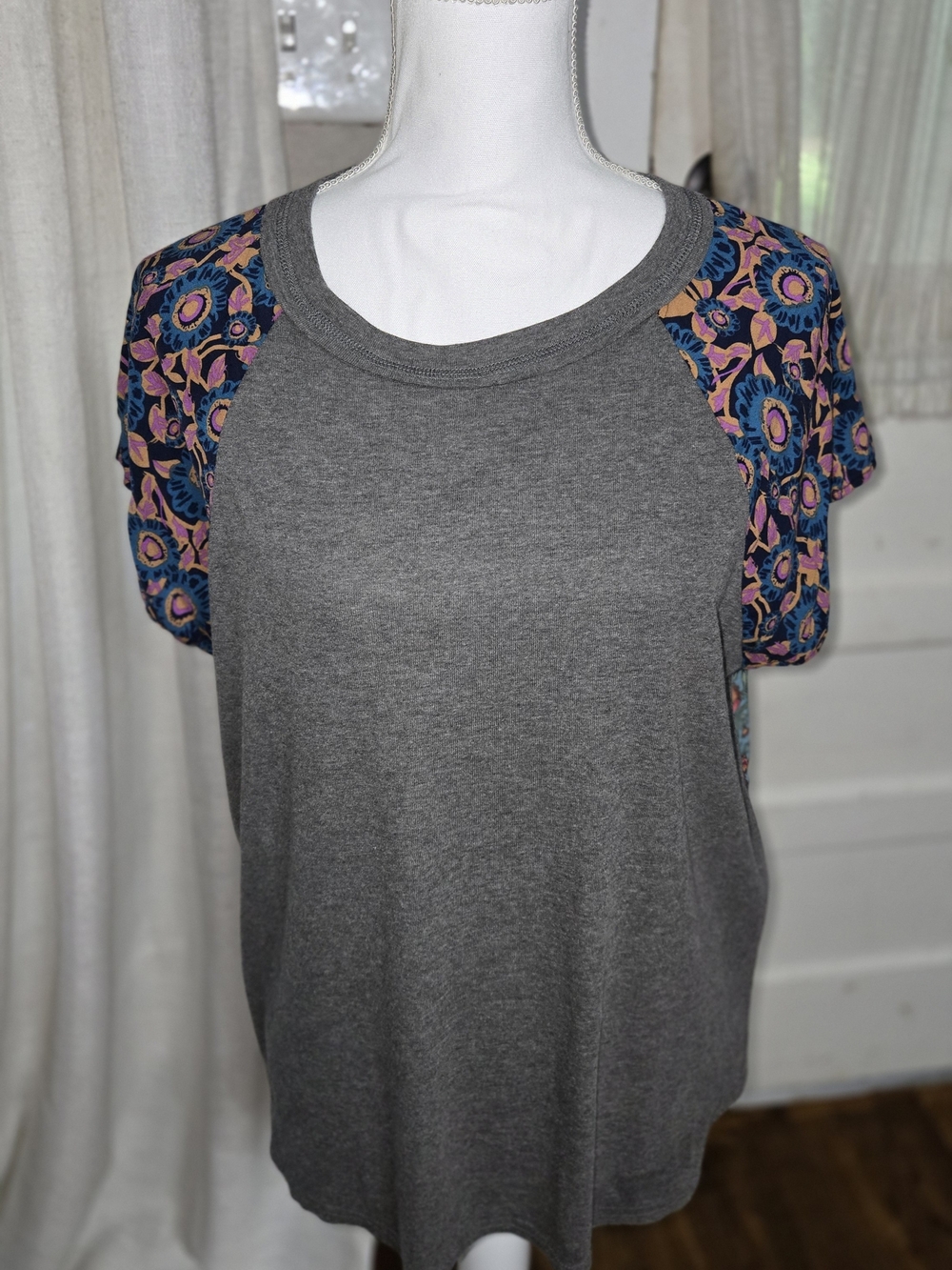 NATURAL LIFE Grey Scoop Neck Top with Floral Raglan Sleeves